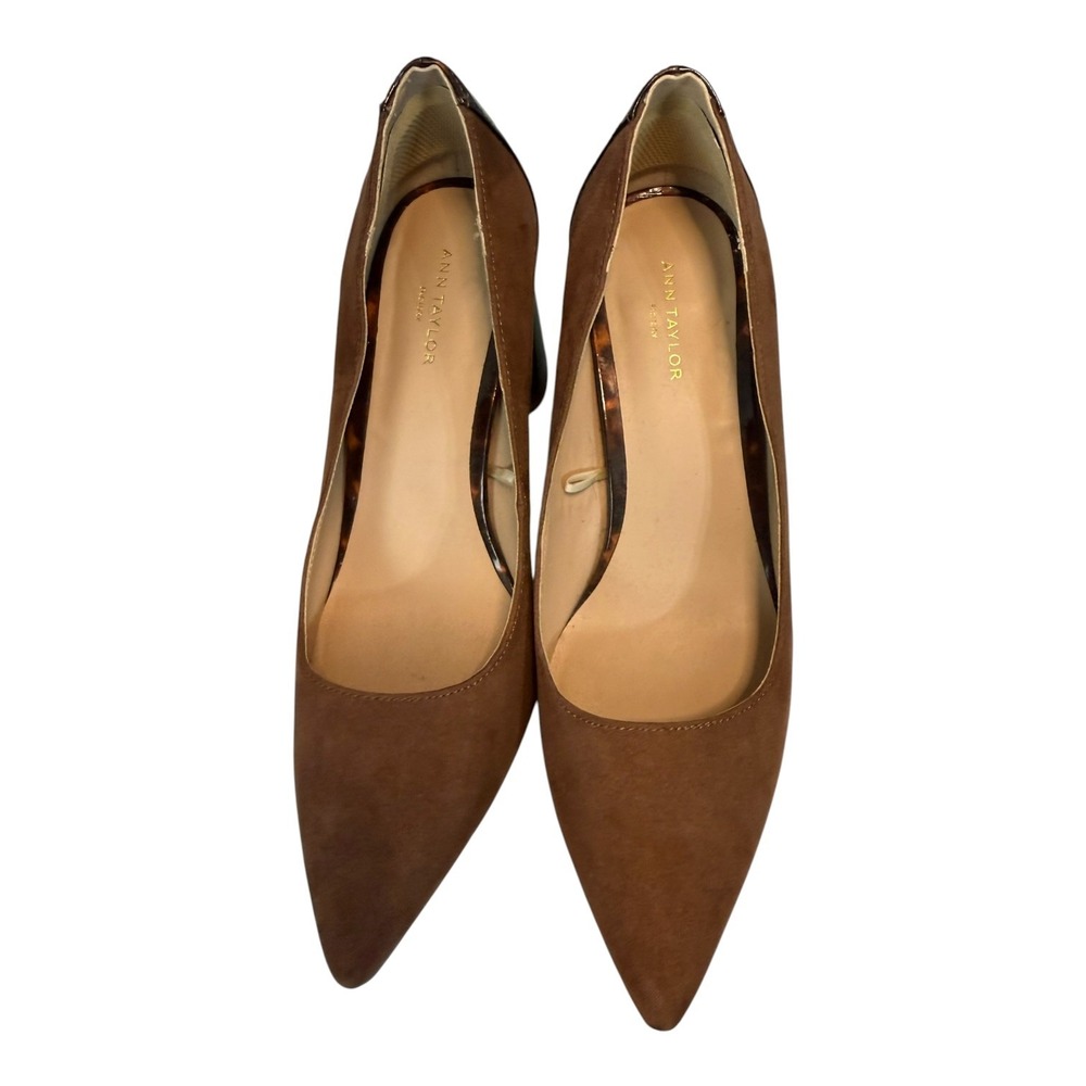 Ann Taylor Factory Brown Suede Pointed Toe Tortoiseshell Block Heel Pumps 7M